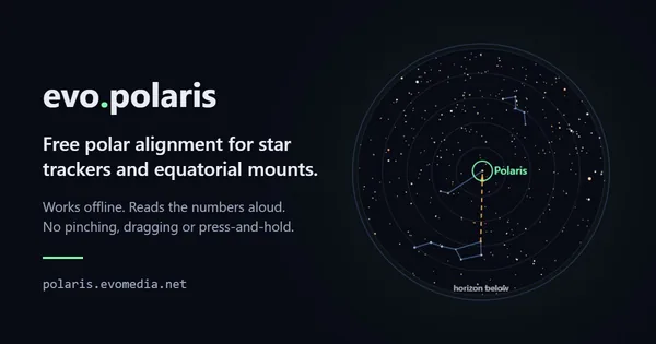 The evo.polaris sky chart: Polaris circled at the centre of the pole, with a dashed amber arrow running from the Big Dipper's two pointer stars straight to it, and Cassiopeia on the opposite side